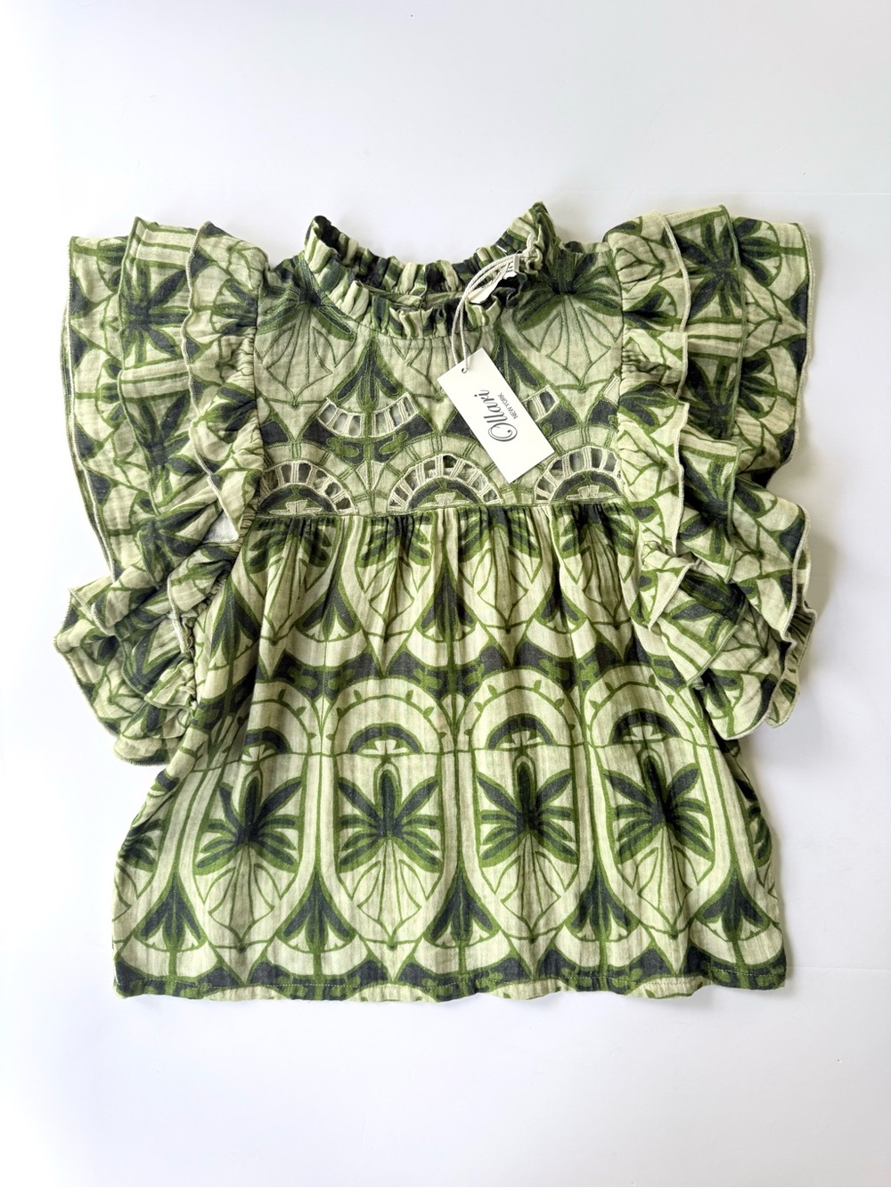 NWT Ollari Palm Pattern Short Sleeve Ruffle Blouse XS